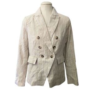 Joie Linen Blend Double Breasted Blazer Gold Thread Striped Buttons XSmall NWT